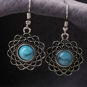 Turquoise Antiqued Silver Flower Earrings